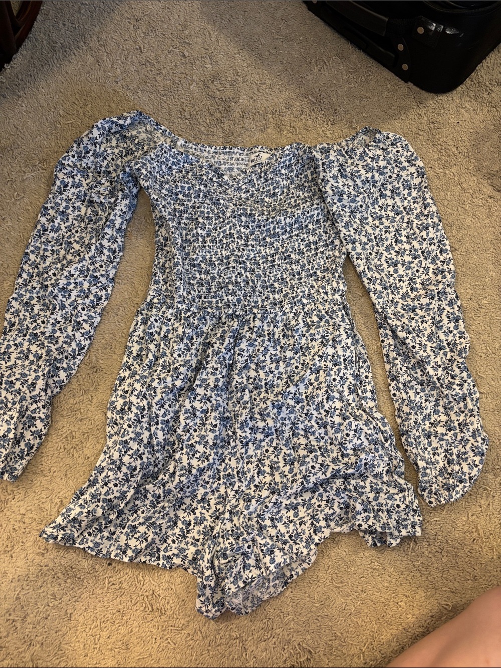 Hollister Blue and White Floral Smocked Romper